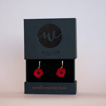 Load image into Gallery viewer, Red poppy earrings in a black box with 'Willow' branding on a light background
